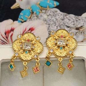 Vintage Estate Signed Embossed Crystal Four Leaf Clover Gold Earrings